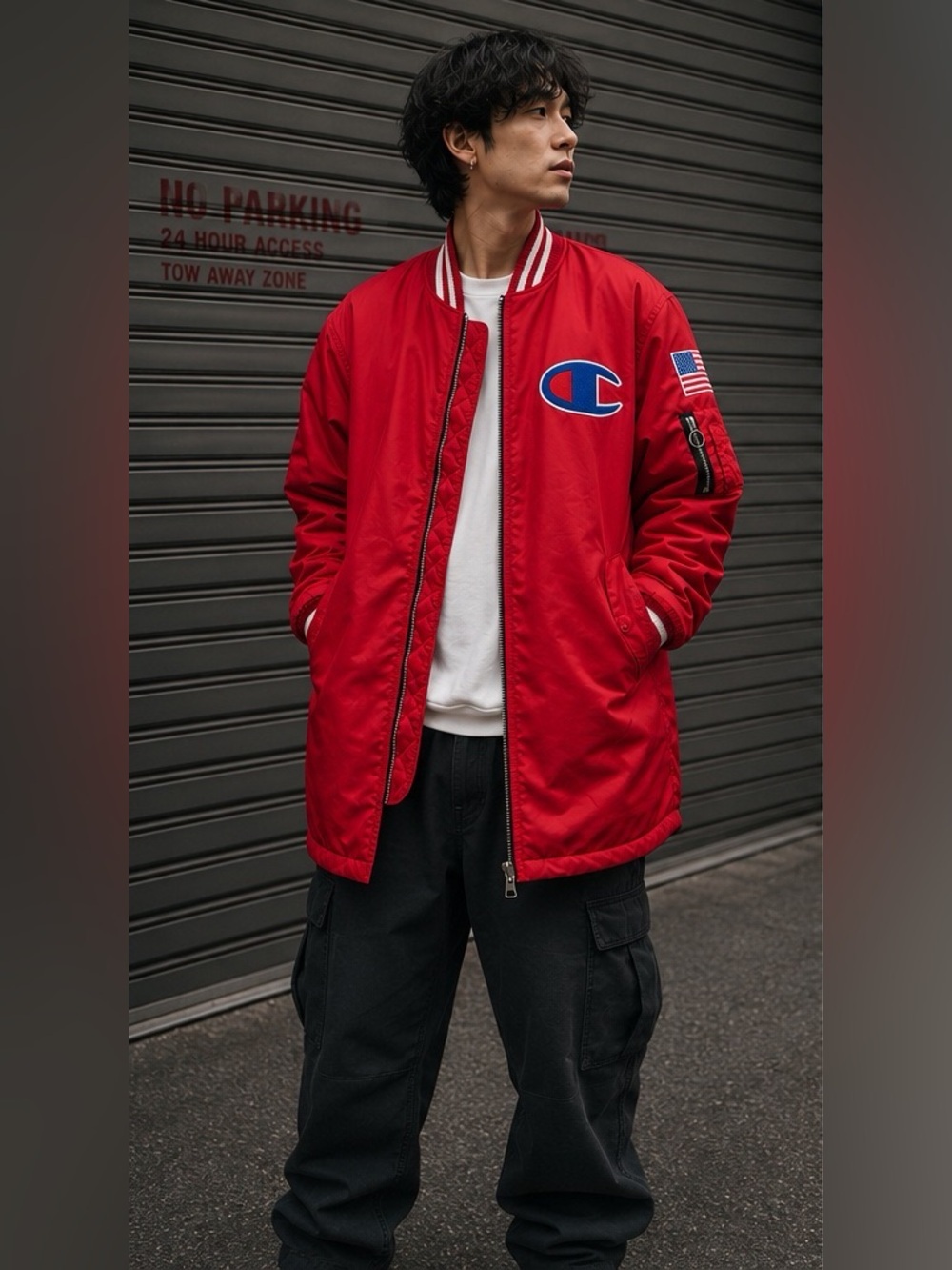 Champion Rare Red MA-1 USA Flag Patch Logo Longline Bomber Stadium Jacket Sz L